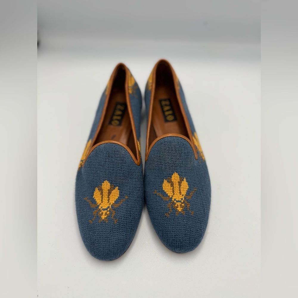 Zalo Blue Floral Needlepoint Loafers with Tan Trim - Picture 2 of 7